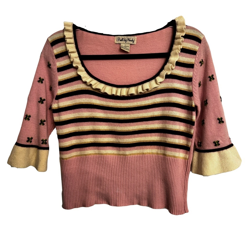Vintage Built by Wendy Lambswool Scoop Neck Sweater with Ruffle Detail